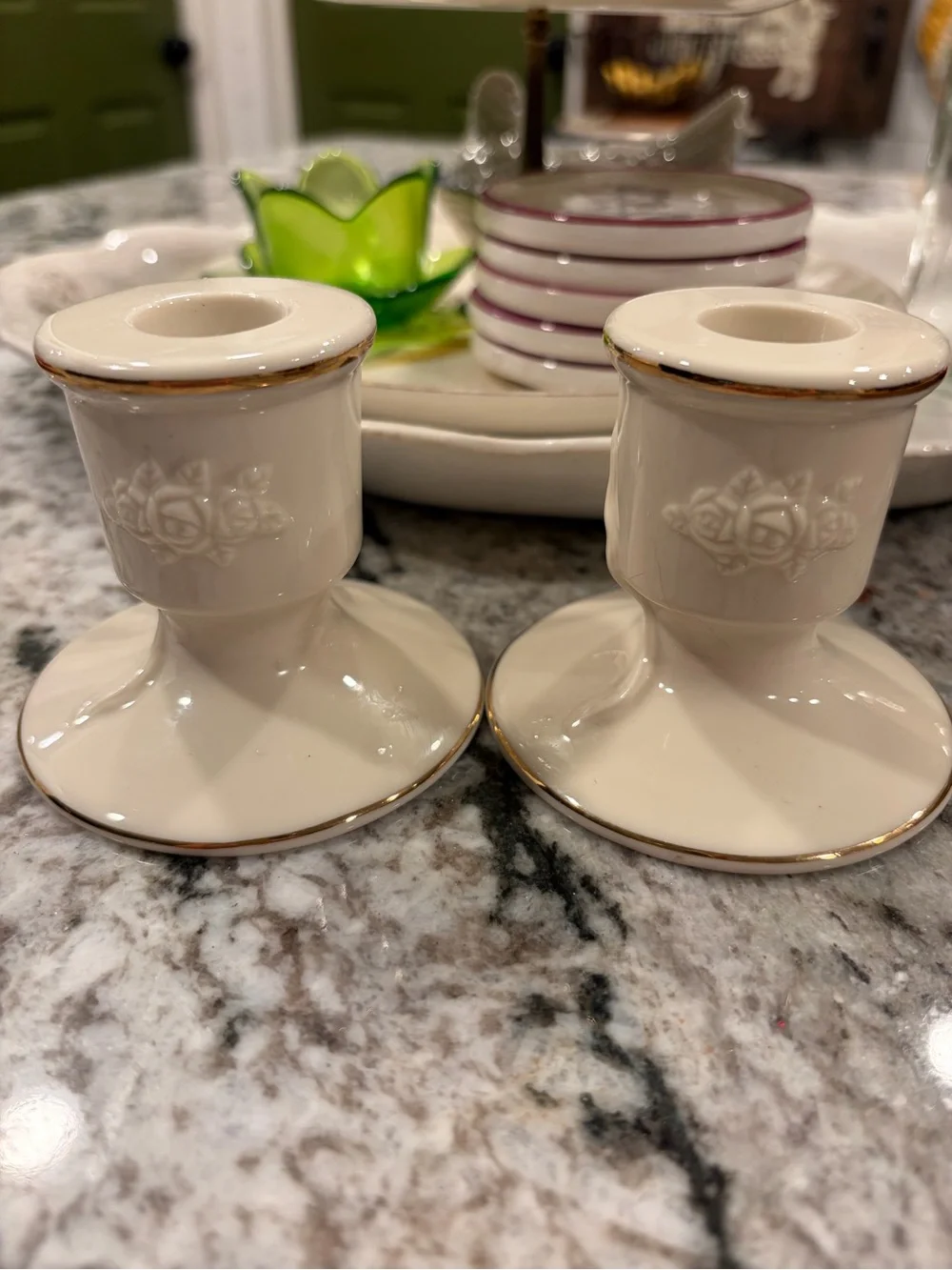 Elegant Cream Ceramic Candle Holders with Gold Trim